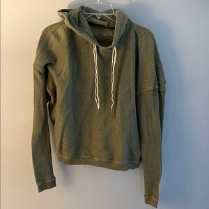 aerie Olive Waffle-Knit Hooded Pullover with Contrast Drawstrings